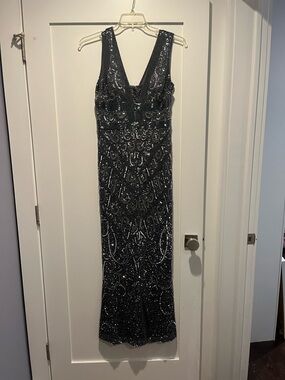 Black Sequined V-Neck Evening Gown